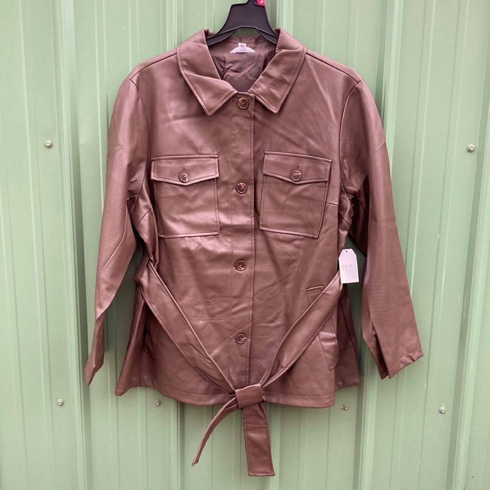 Women's Plus Faux Leather Cropped Belted Trench Jacket Coat Size 2X